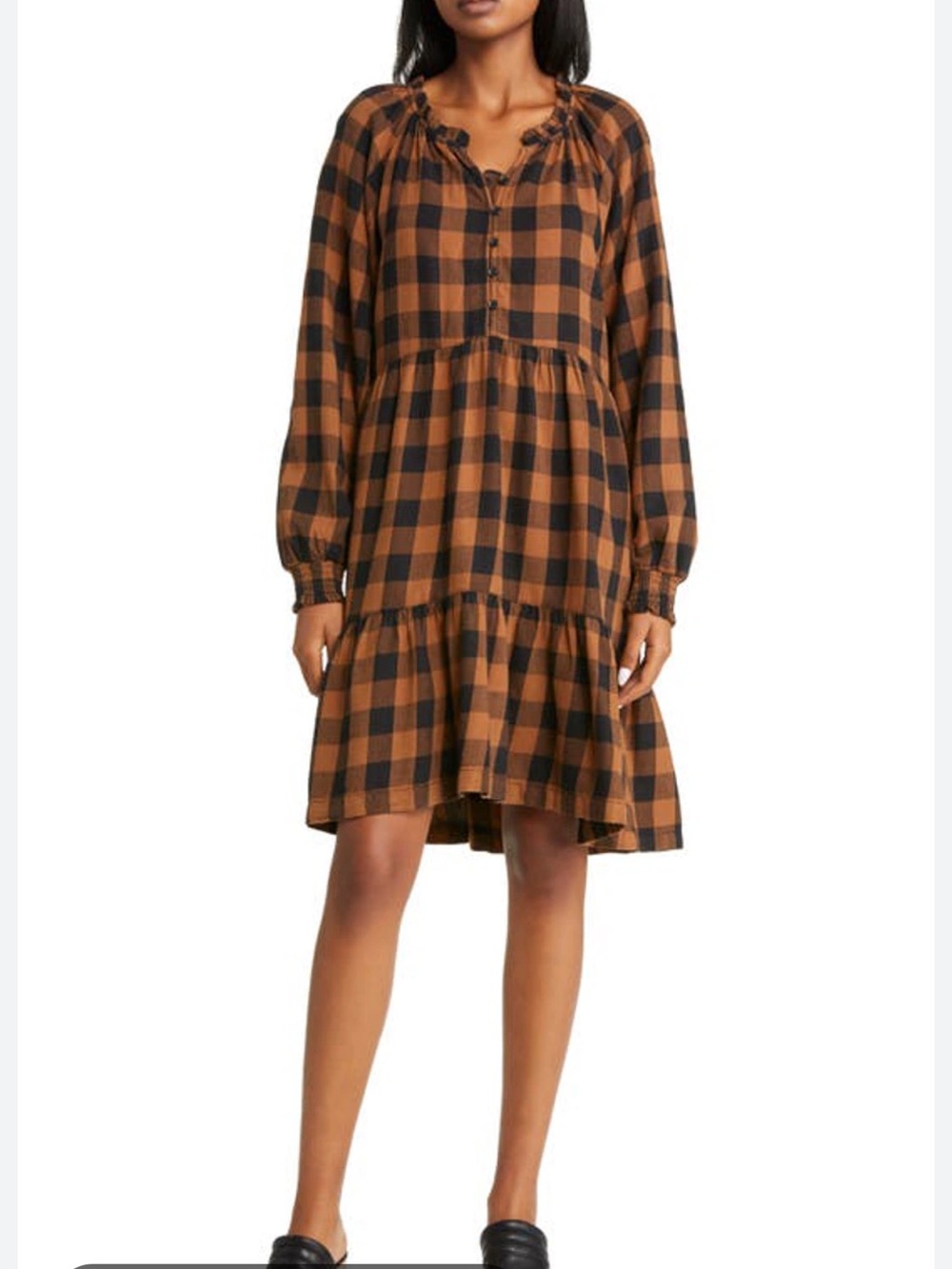 beachlunchlounge Brown and Black Plaid Midi Dress